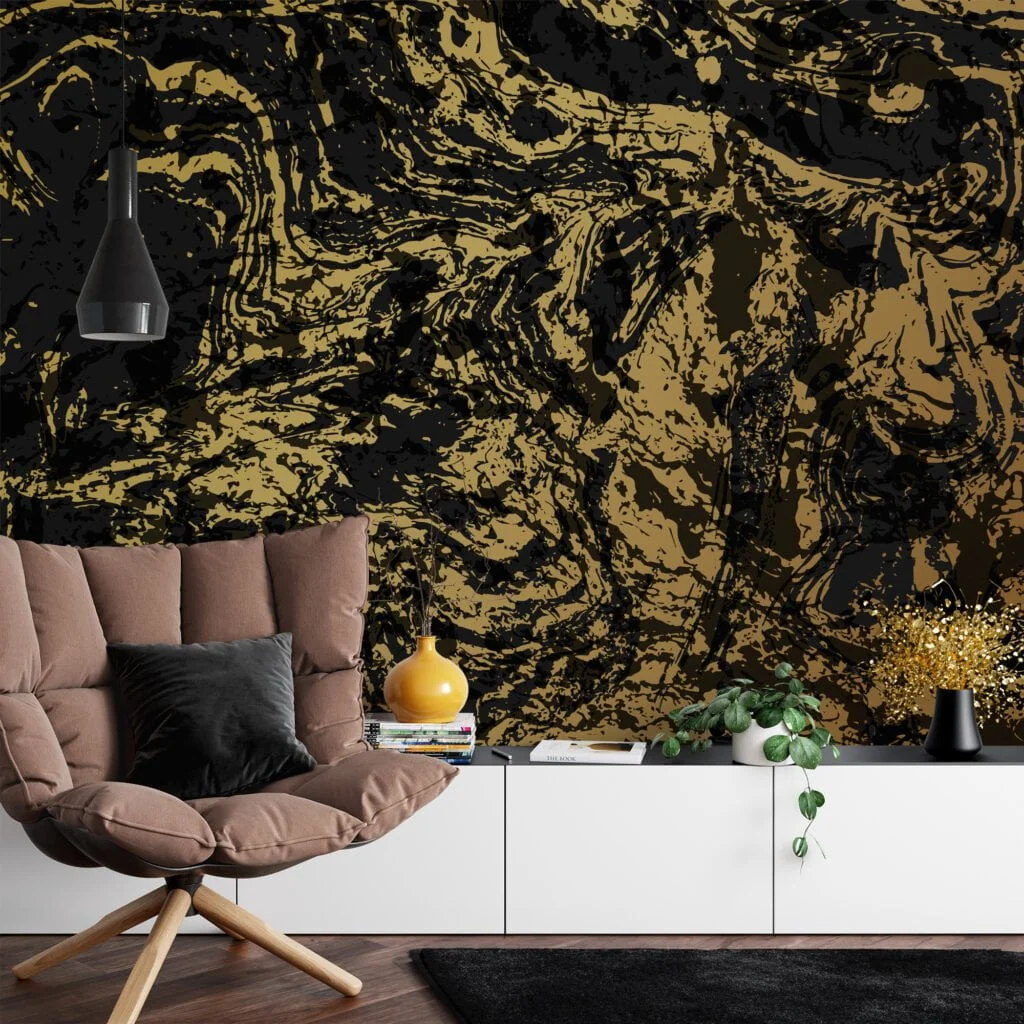 Black And Gold Abstract Design Illustration Wallpaper, Marble Swirl Peel & Stick Wall Mural