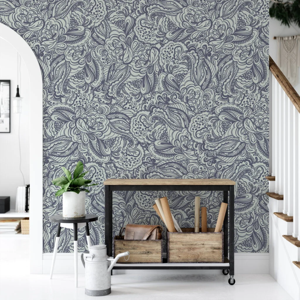 Damask Pattern Line Art Wallpaper, Vintage Inspired Paisley Peel & Stick Wall Mural