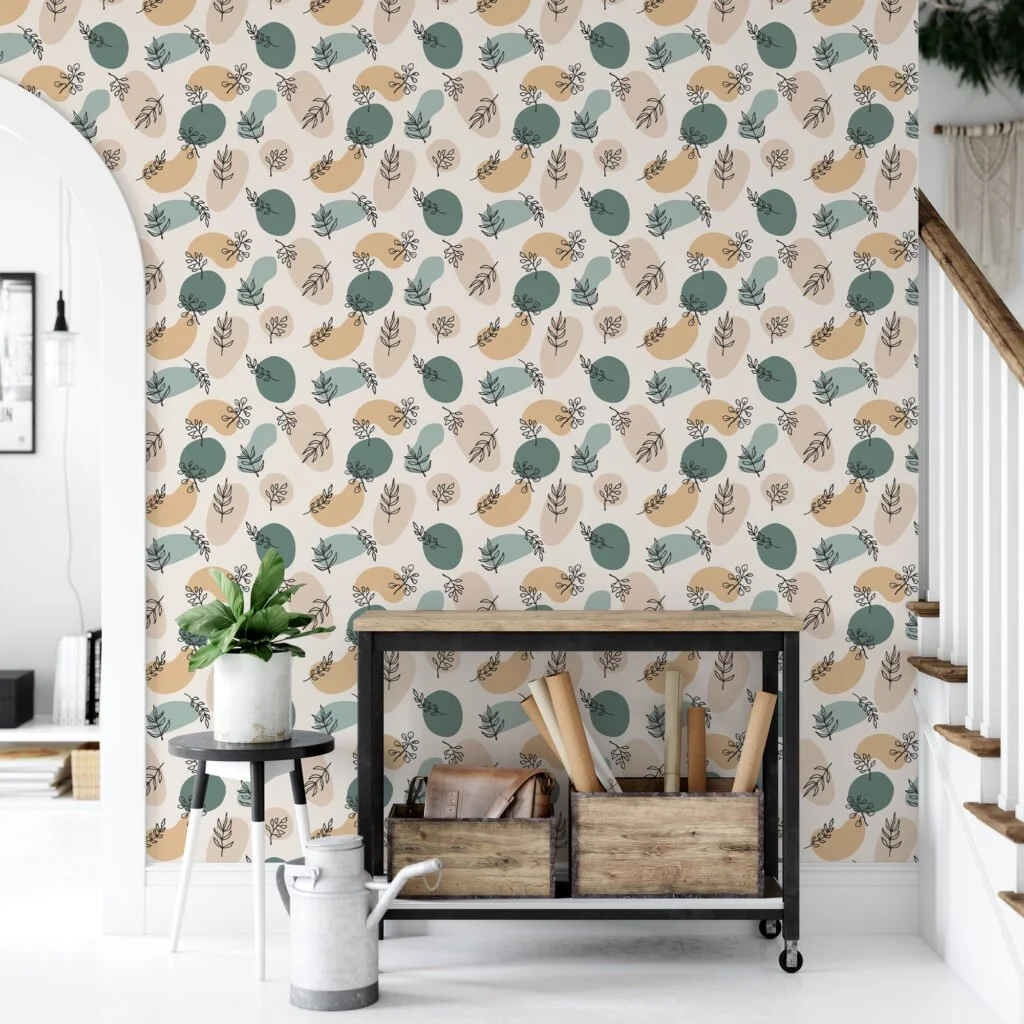 Abstract Boho Floral Line Art Illustration Wallpaper, Muted Green and Yellow Peel & Stick Wall Mural