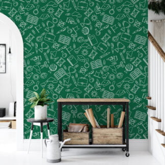 Green School Icons Kids Room Illustration Wallpaper, Green Chalkboard Doodles Peel & Stick Wall Mural