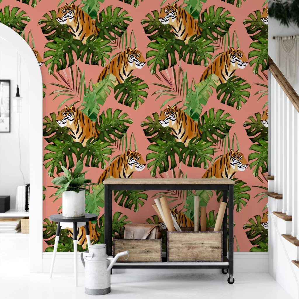 Tropical Illustration With Tigers on A peach Background, Jungle-Inspired Lush Peel & Stick Wall Mural