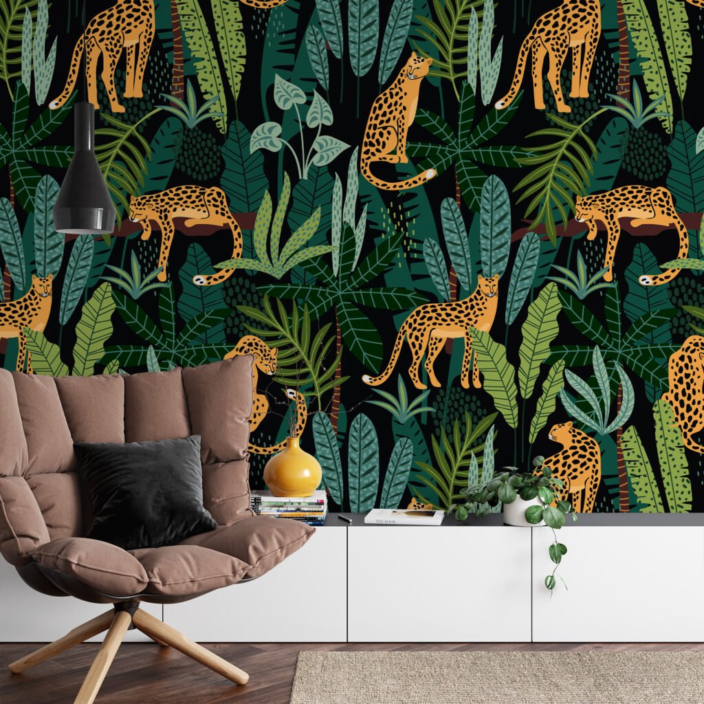Green Tropical Flat Art Jungle With Leopards Illustrations Wallpaper, Exotic Jungle Inspired Peel & Stick Wall Mural