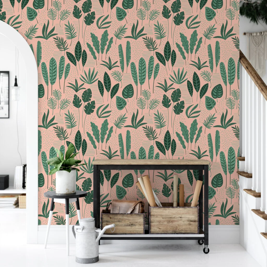 Tropical Abstract Flat Art Leaves Illustration Wallpaper, Botanical Bliss Tropical Leaf Peel & Stick Wall Mural