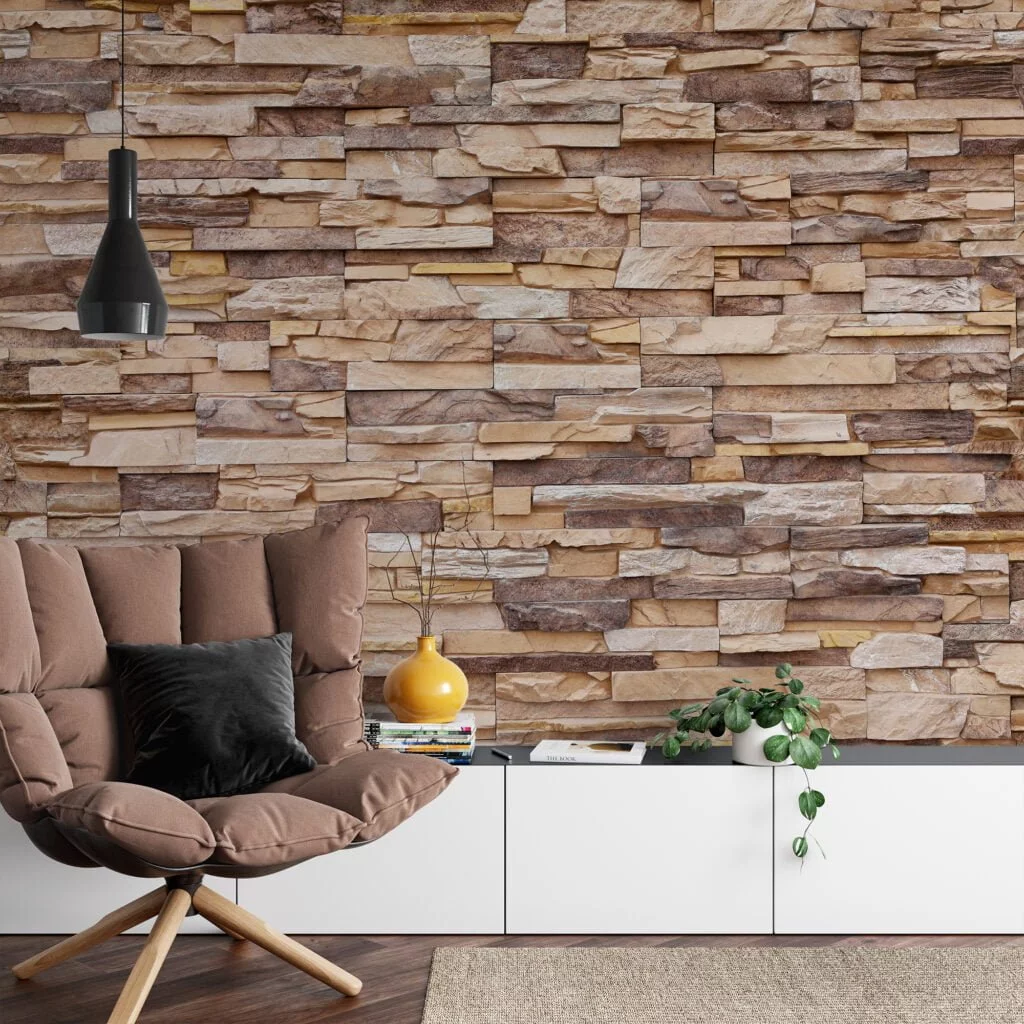 Stone Brick Wall Wallpaper, Neutral Textured Stone Cladding Peel & Stick Wall Mural