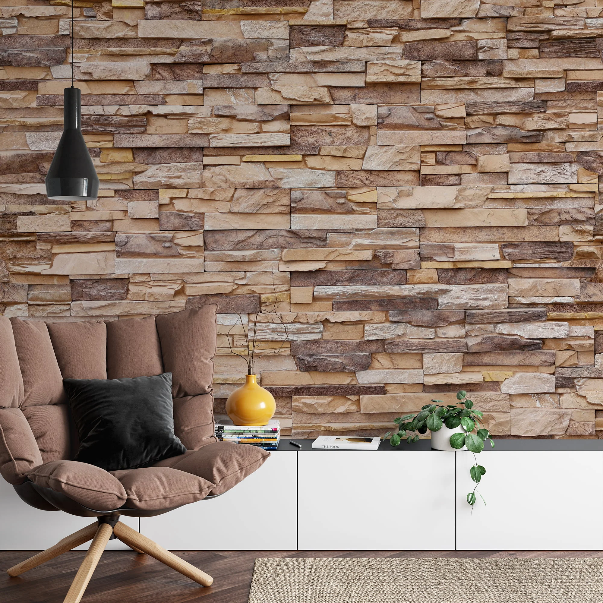 Stone Brick Wall Wallpaper, Neutral Textured Stone Cladding Peel & Stick Wall Mural
