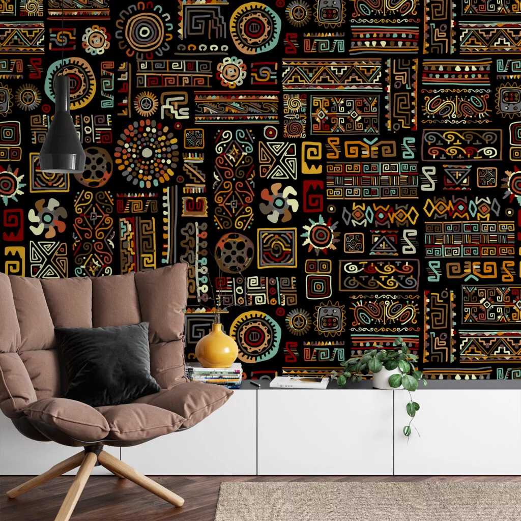 Abstract Historic Hieroglyphs Illustration Wallpaper, Geometric Tribal Decor Peel & Stick Wall Mural