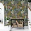 Boho Leaf Shapes Pattern Illustration Wallpaper, Botanical Abstract Fusion Peel & Stick Wall Mural