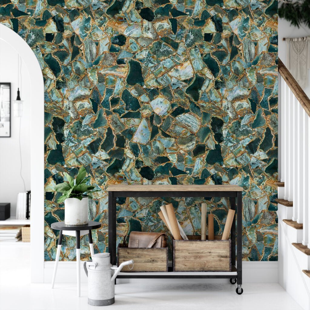 Emerald Green Cracked Stone Texture Wallpaper, Luxe Gold Accented Marble Design Peel & Stick Wall Mural