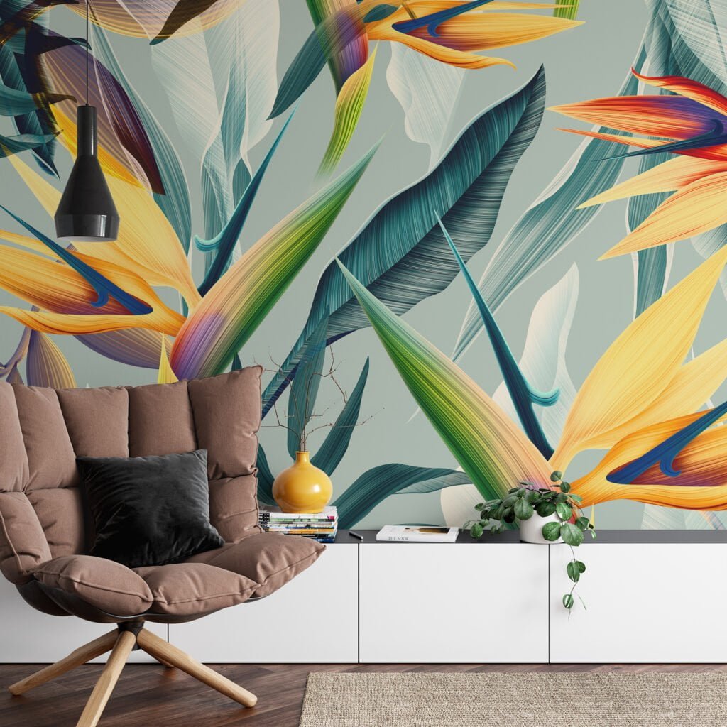 Tropical Minty Birds Of Paradise Flowers Wallpaper, Abstract Tropical Leaves Peel & Stick Wall Mural