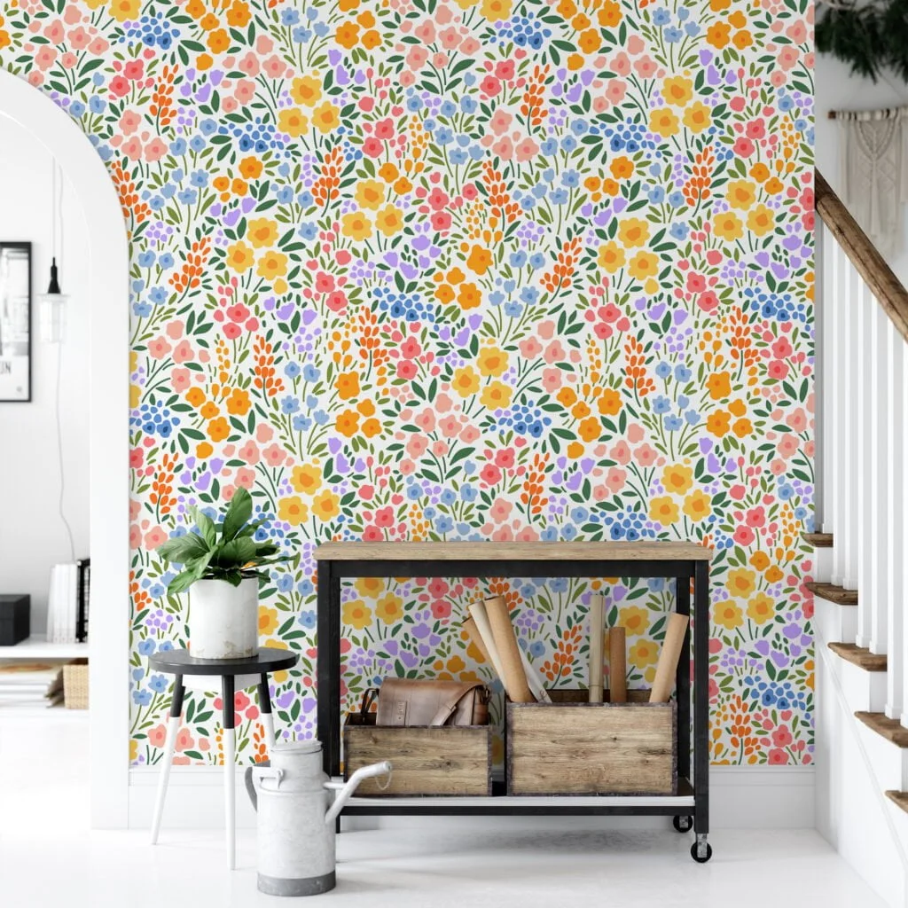 Flat Art Colorful Small Flower Pattern Illustration Wallpaper, Vibrant Floral Garden Peel & Stick Wall Mural