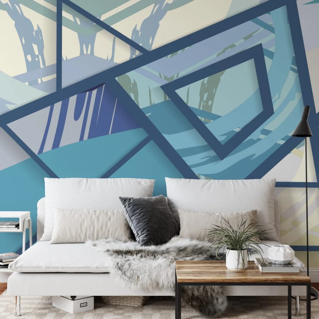 Large Geometric Wallpaper With Modern Blue Splashes Illustration, Blue Angular Design Peel & Stick Wall Mural