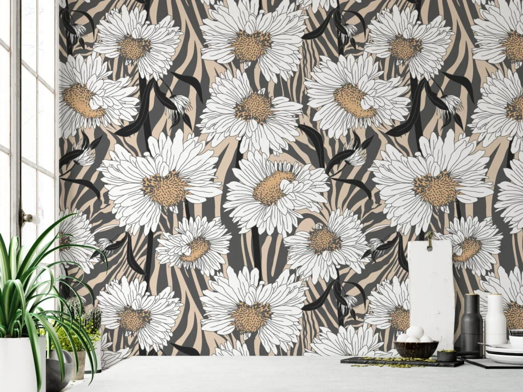 Large Abstract Floral Daisies Design Wallpaper, Elegant Daisy Pattern Peel & Stick Wall Mural
