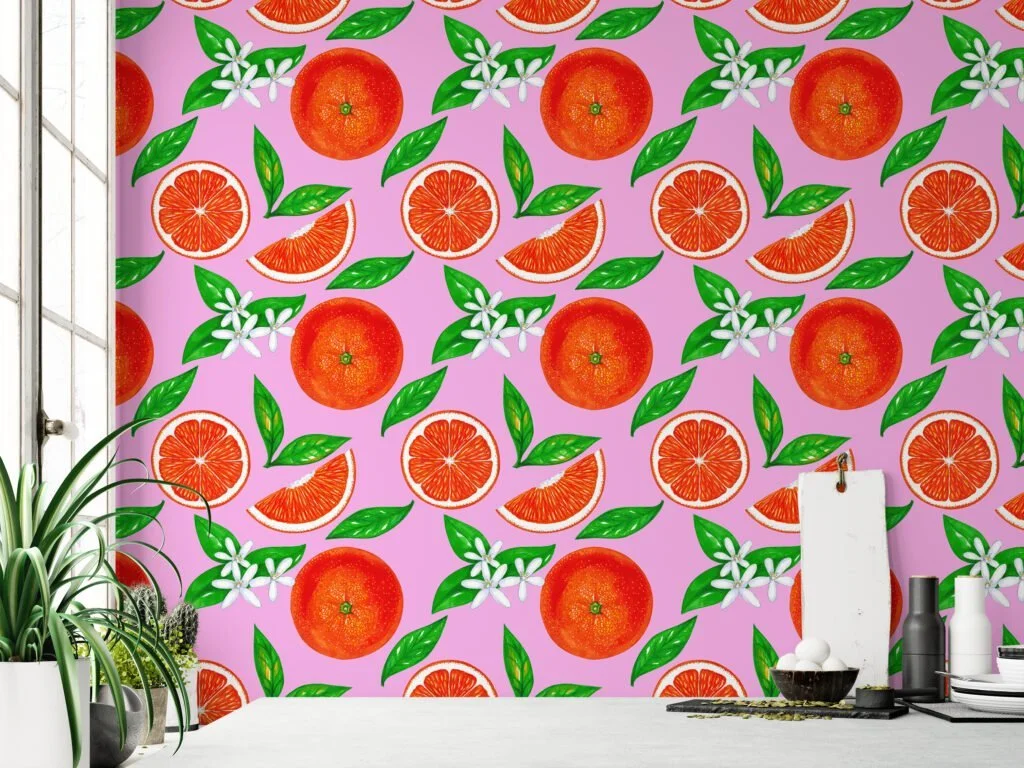 Bright Colored Oranges Drawing With Pink Background Wallpaper, Blooming Orange Citrus Peel & Stick Wall Mural