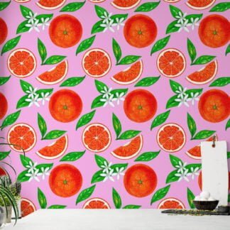 Bright Colored Oranges Drawing With Pink Background Wallpaper, Blooming Orange Citrus Peel & Stick Wall Mural