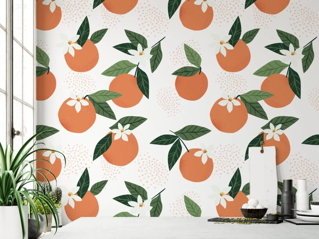 Flat Art Oranges Illustration Wallpaper, Bright Orange and Lush Green Peel & Stick Wall Mural