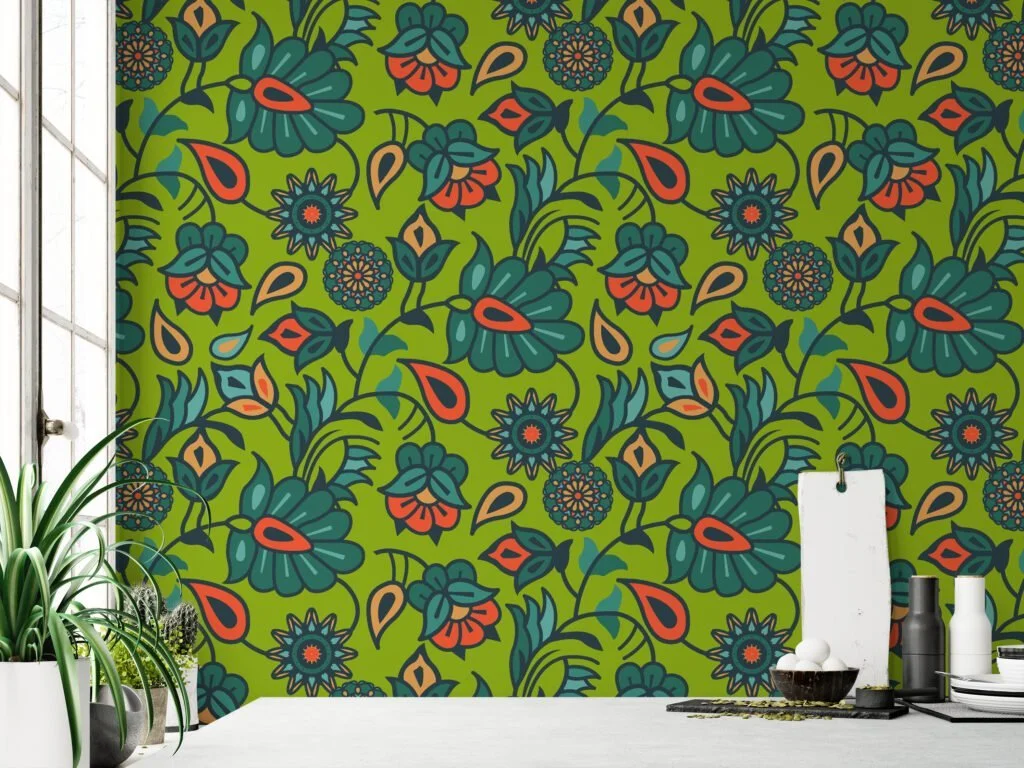 Green Flat Art Floral Wallpaper, Vibrant Retro Garden Peel & Stick Wall Mural