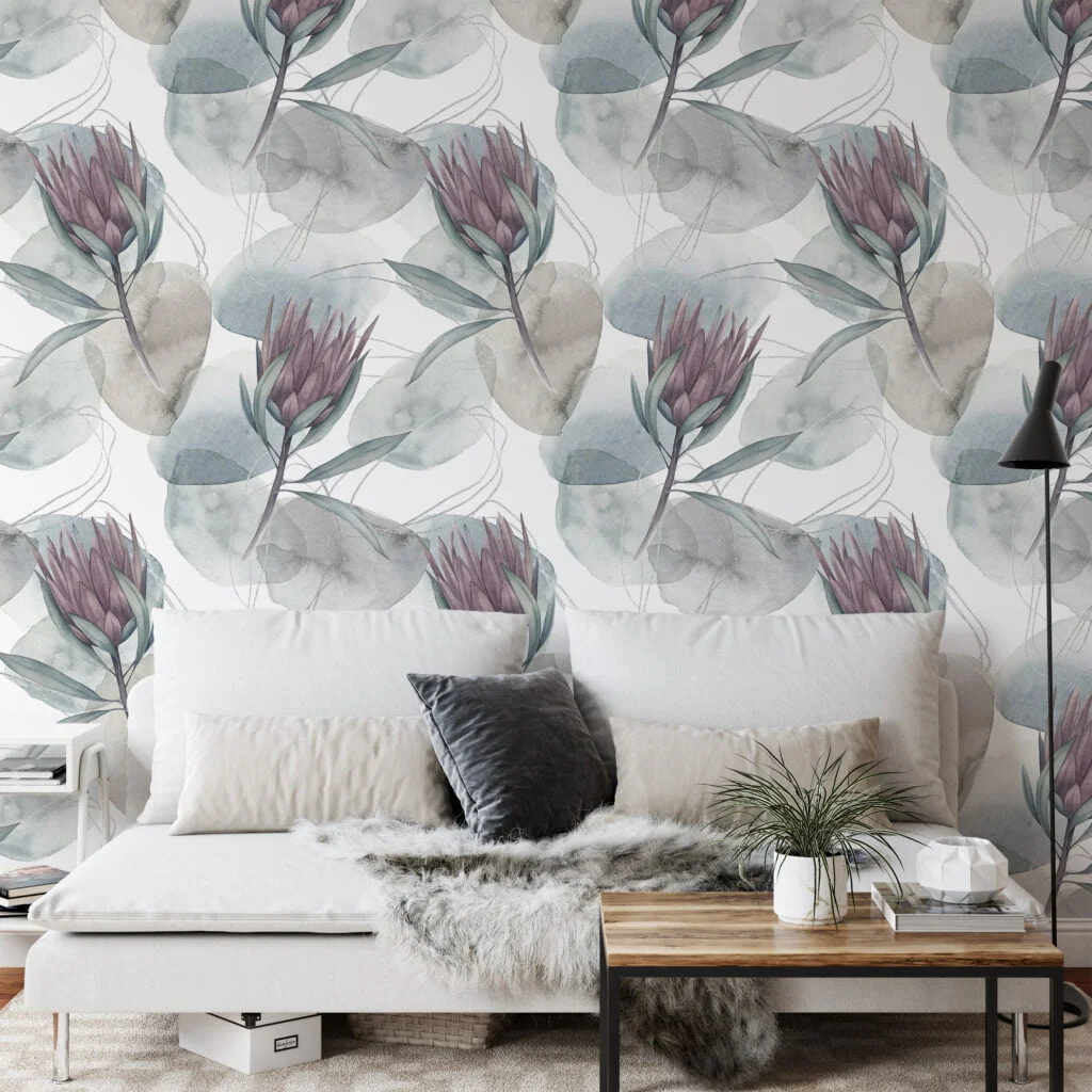 Muted Watercolor Style Flower Illustration Wallpaper, Elegant Botanical Peel & Stick Wall Mural