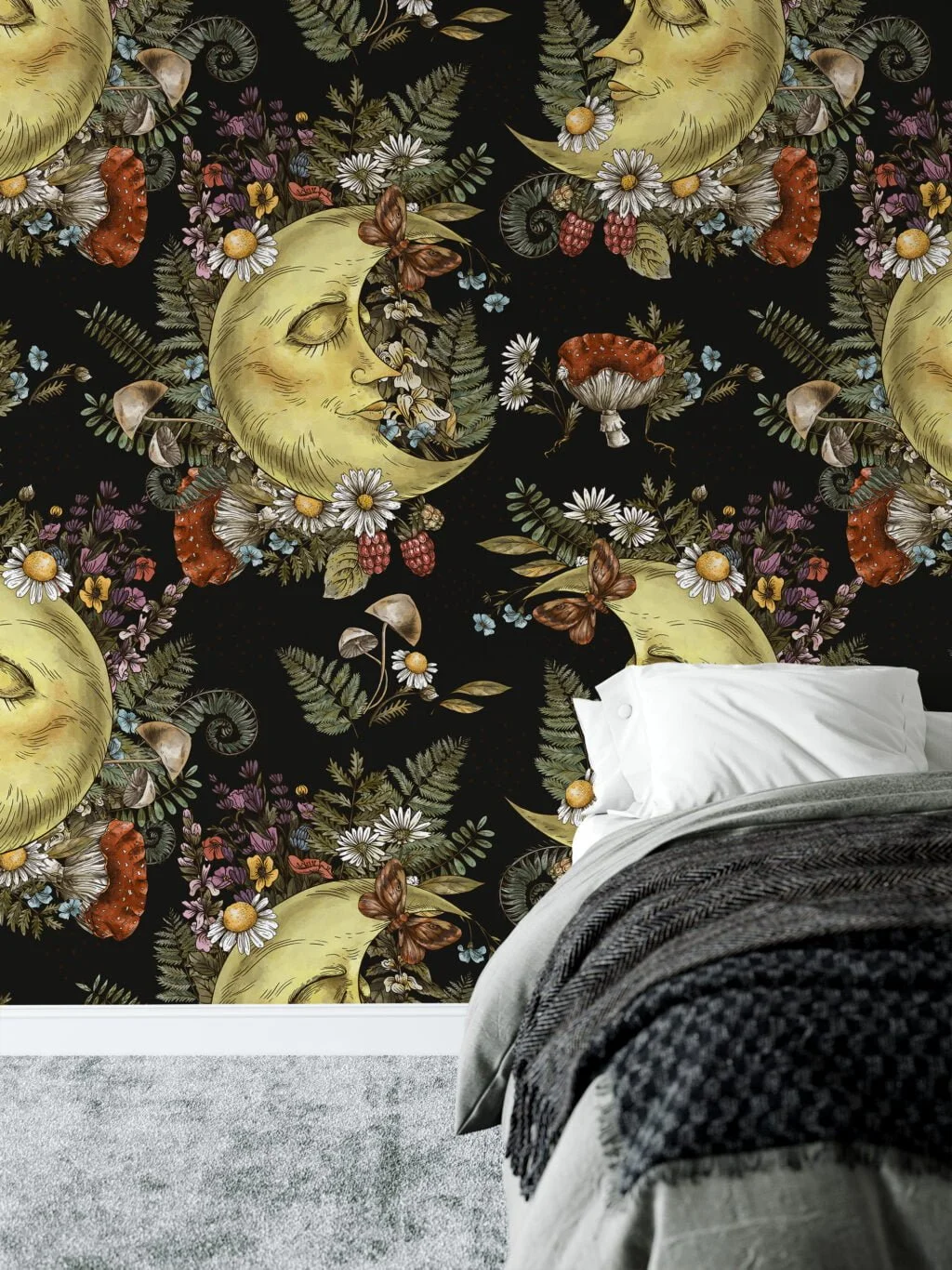 Mystical Floral Moon With Face On A Dark Background Illustration Wallpaper, Celestial Forest Peel & Stick Wall Mural