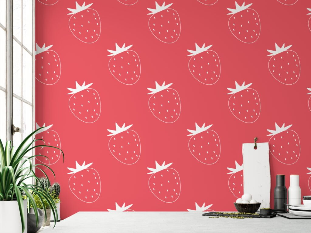 Simple Strawberries Pattern Illustration Wallpaper, Delightful Hot Pink Fruit Peel & Stick Wall Mural