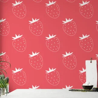 Simple Strawberries Pattern Illustration Wallpaper, Delightful Hot Pink Fruit Peel & Stick Wall Mural