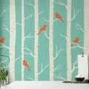 Abstract Snowy Trees With Birds Wallpaper, Chirping Birds in Birch Forest Peel & Stick Wall Mural