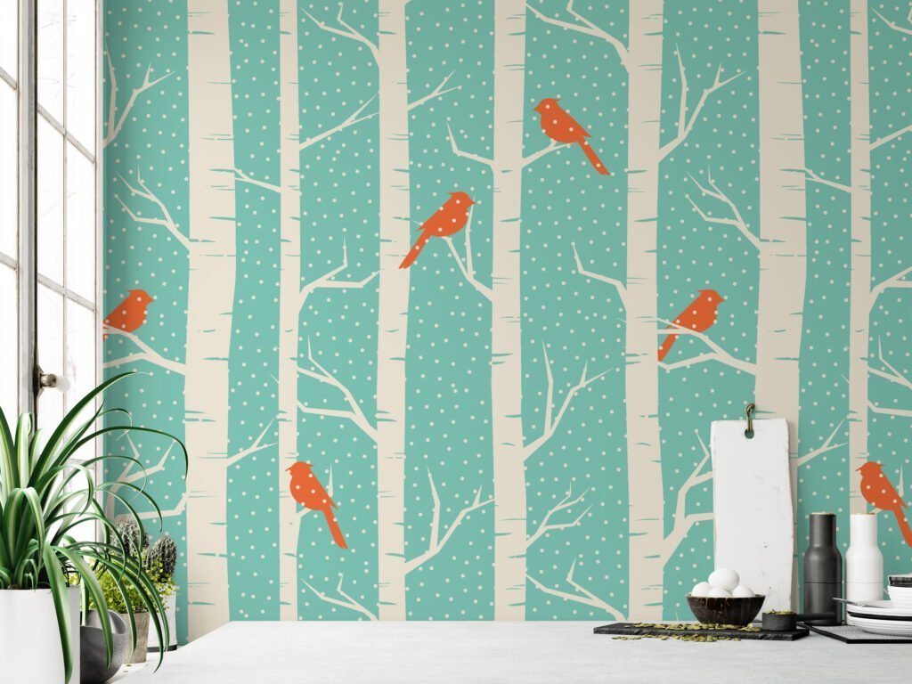 Abstract Snowy Trees With Birds Wallpaper, Chirping Birds in Birch Forest Peel & Stick Wall Mural
