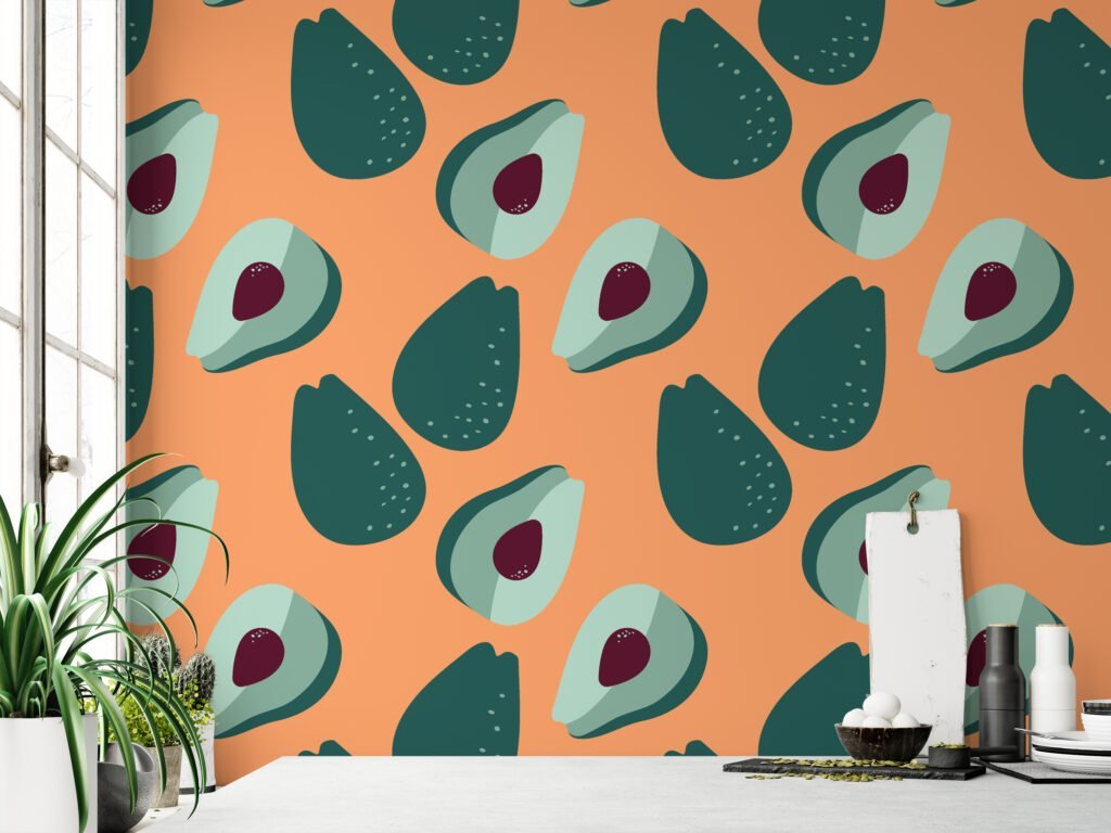 Flat Art Simple Avocado Fruits Pattern Wallpaper, Contemporary Kitchen Chic Peel & Stick Wall Mural