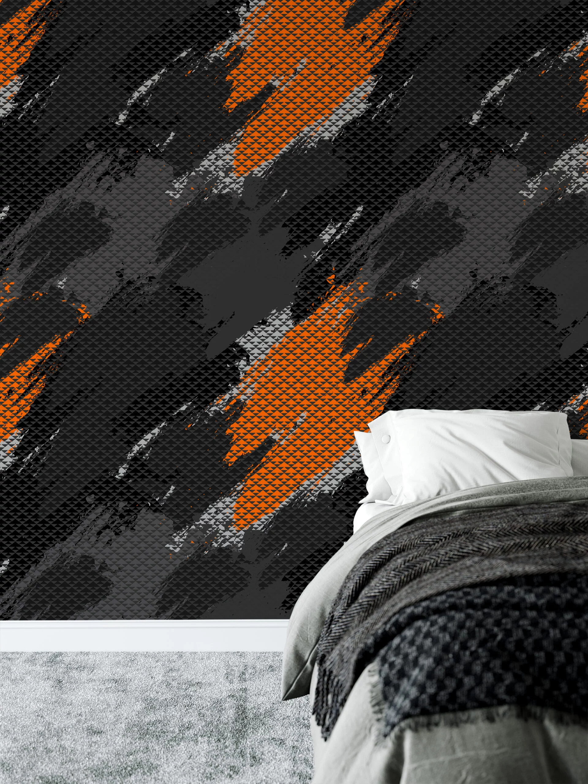 Orange And Grey Geometric Abstract Design Wallpaper, Dynamic Orange Streaks On Black Peel & Stick Wall Mural