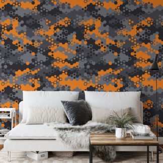 Abstract Grey And Orange Hexagon Geometric Shaped Illustration Wallpaper, Modern Home Decor Peel & Stick Wall Mural