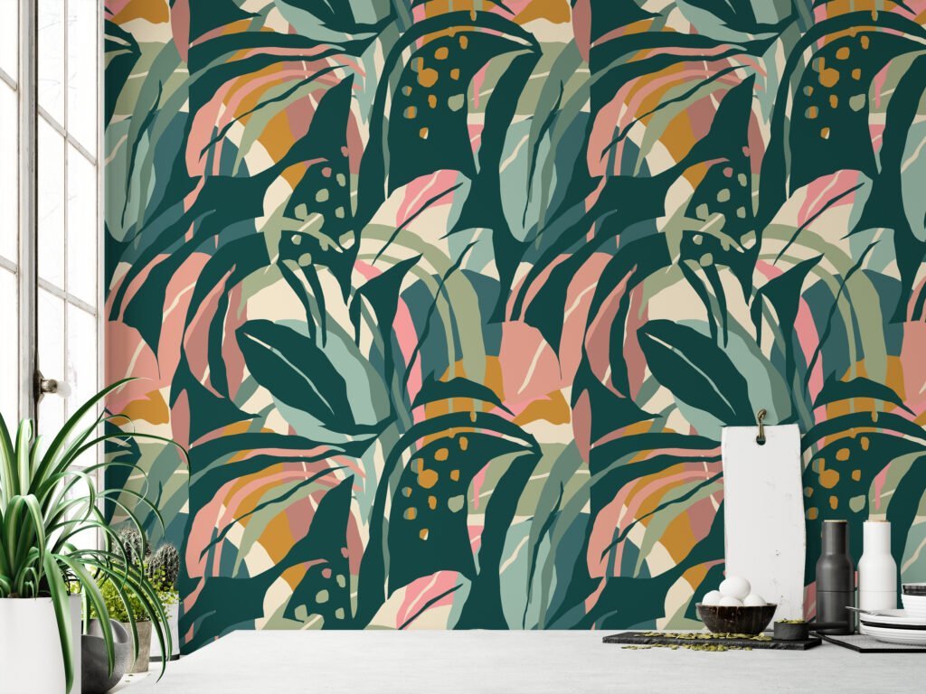 Abstract Exotic Large Leaves Illustration Wallpaper, Modern Artistic Leaf Design Peel & Stick Wall Mural