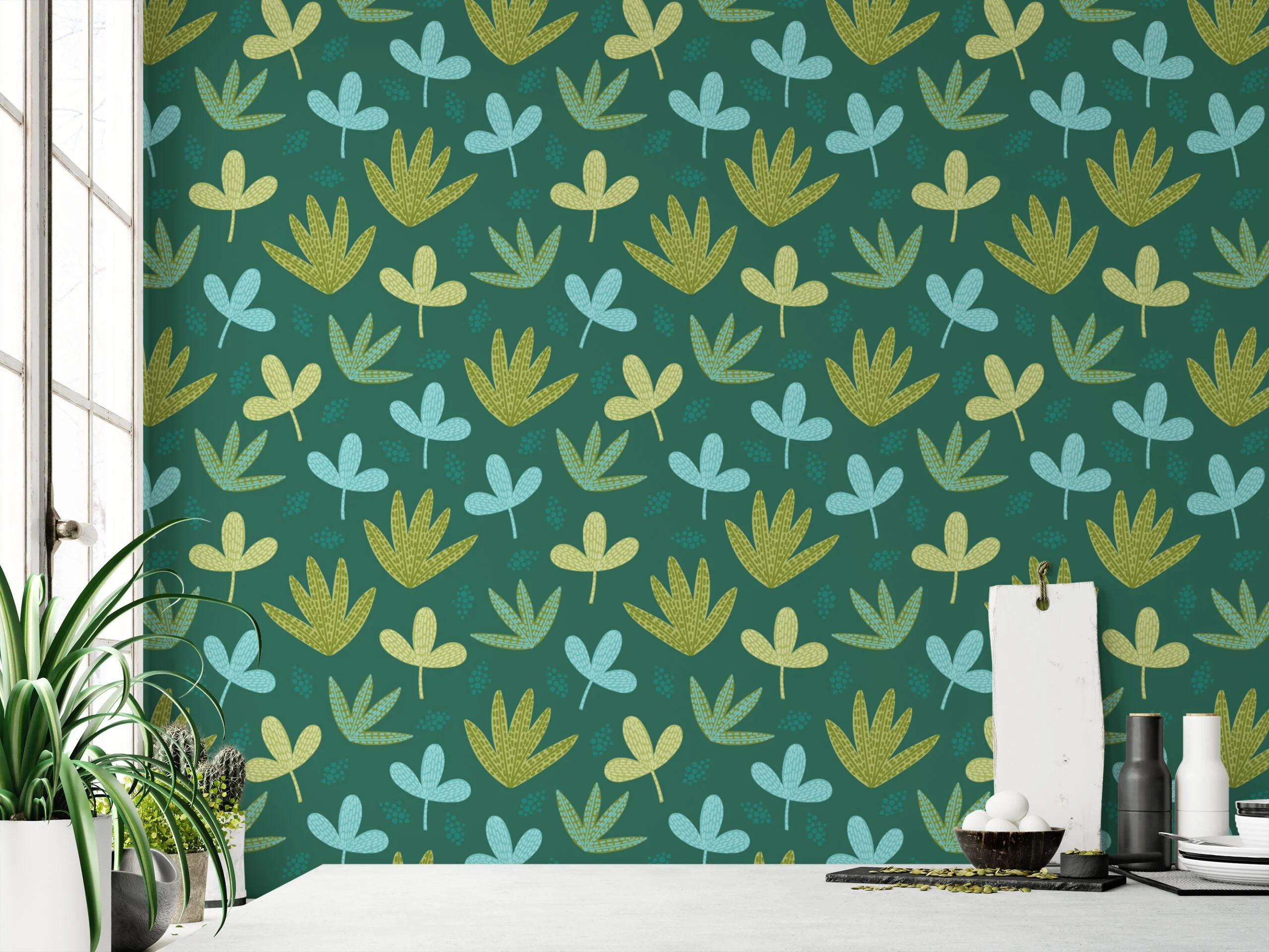 Abstract Green Leaves Shapes Illustration Wallpaper, Enchanting Leaf Pattern Peel & Stick Wall Mural