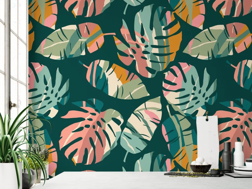 Large Tropical Abstract Monstera Leaves Illustration Wallpaper, Modern Tropical Design Peel & Stick Wall Mural