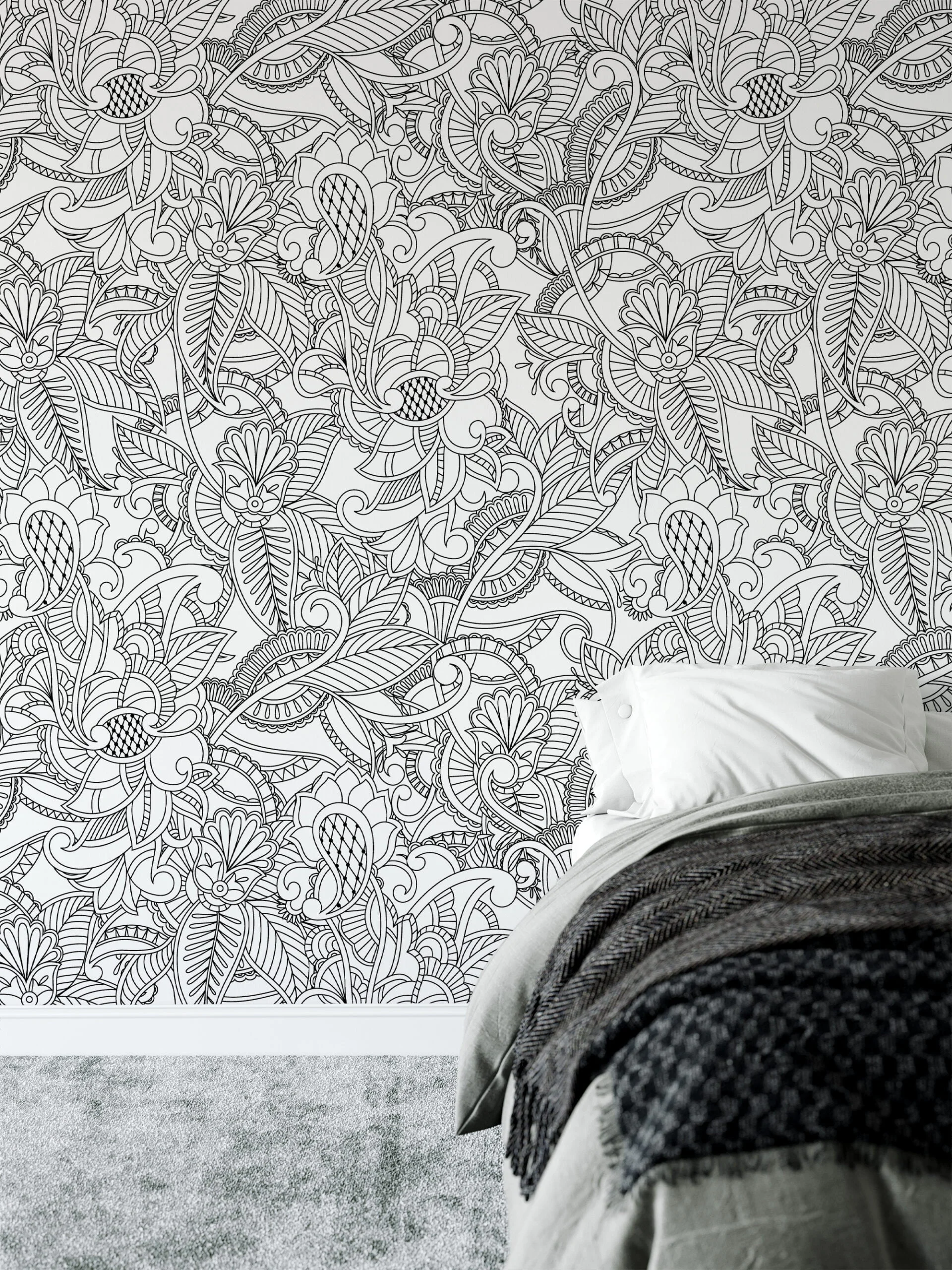 Black And White Paisley Line Art Wallpaper, Monochrome Botanical Peel & Stick Wall Mural