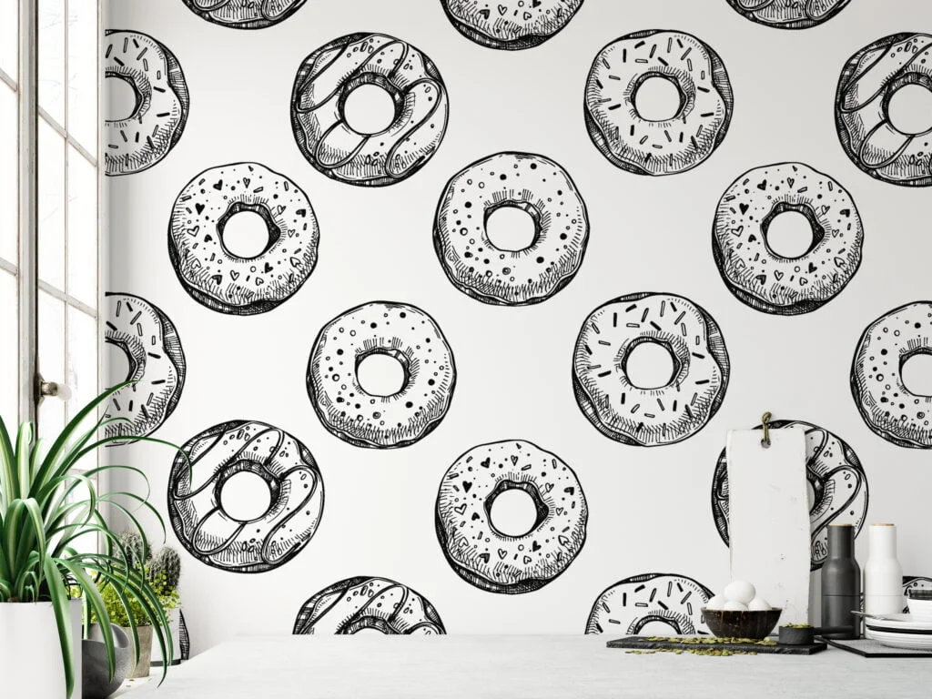 Line Art Donuts With Sprinkles Pattern Wallpaper, Sweet Treats Line Art Donut Peel & Stick Wall Mural