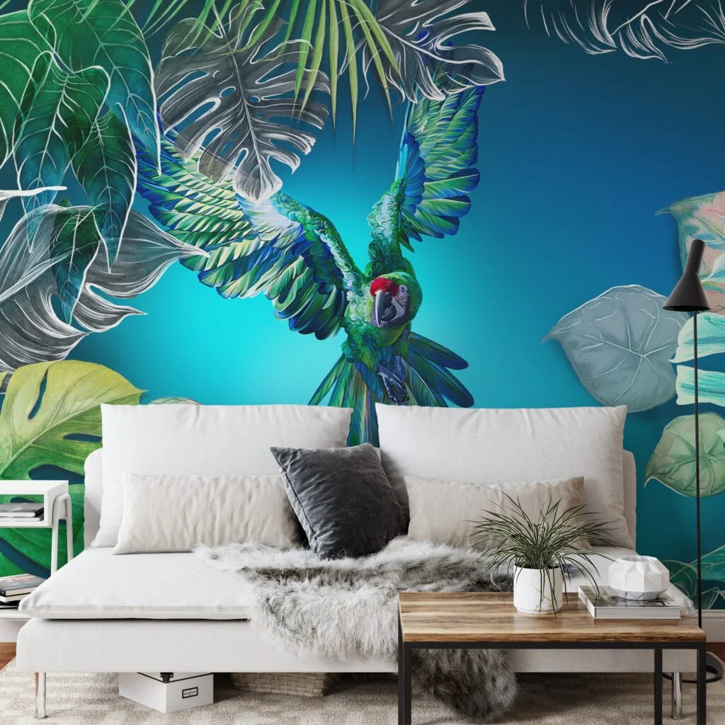 Large Parrot and Monstera Leaves With Blue Background Wallpaper, Vibrant & Tropical Peel & Stick Wall Mural