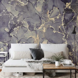 Dark Colored Alcohol Ink Art Marble Wallpaper, Gold-Flecked Elegant Peel & Stick Wall Mural