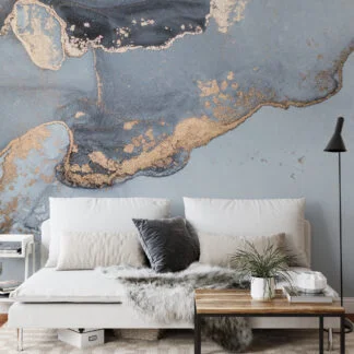Steel Blue Grey Alcohol Ink Art Marble Wallpaper, Luxurious Gold Flecked Marble Peel & Stick Wall Mural