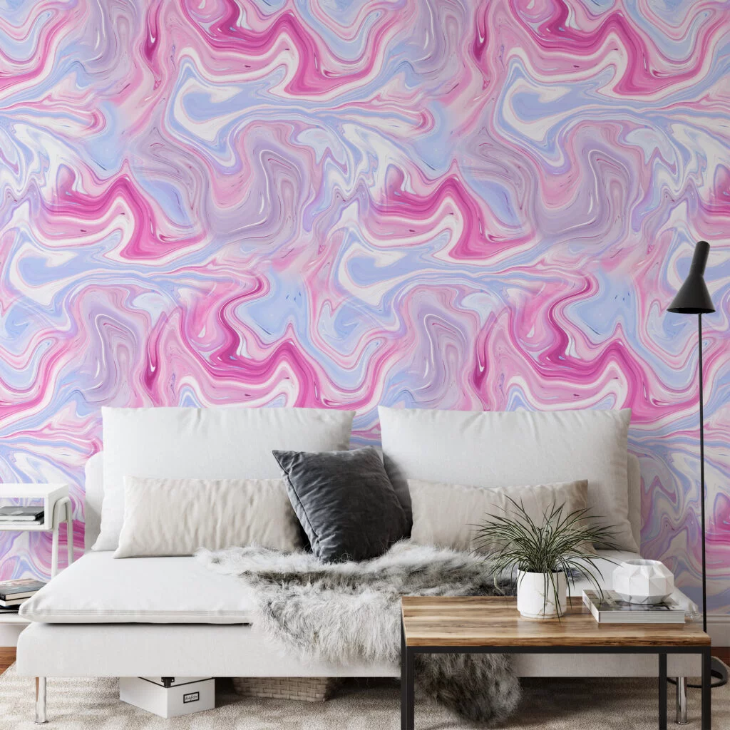 Pink And Lavender Ink Swirls Wallpaper, Swirling Pastel Marble Peel & Stick Wall Mural