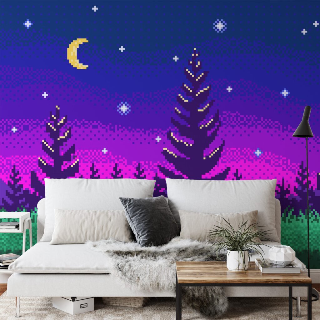 Pixel Art Night Trees With Purple Gradient Background Wallpaper, Pixelated Starry Night Forest Peel & Stick Wall Mural