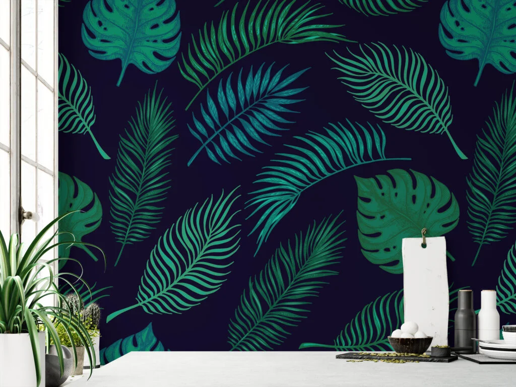 Tropical Leaves Illustration Pattern Wallpaper, Exotic Botanical Leaves Peel & Stick Wall Mural