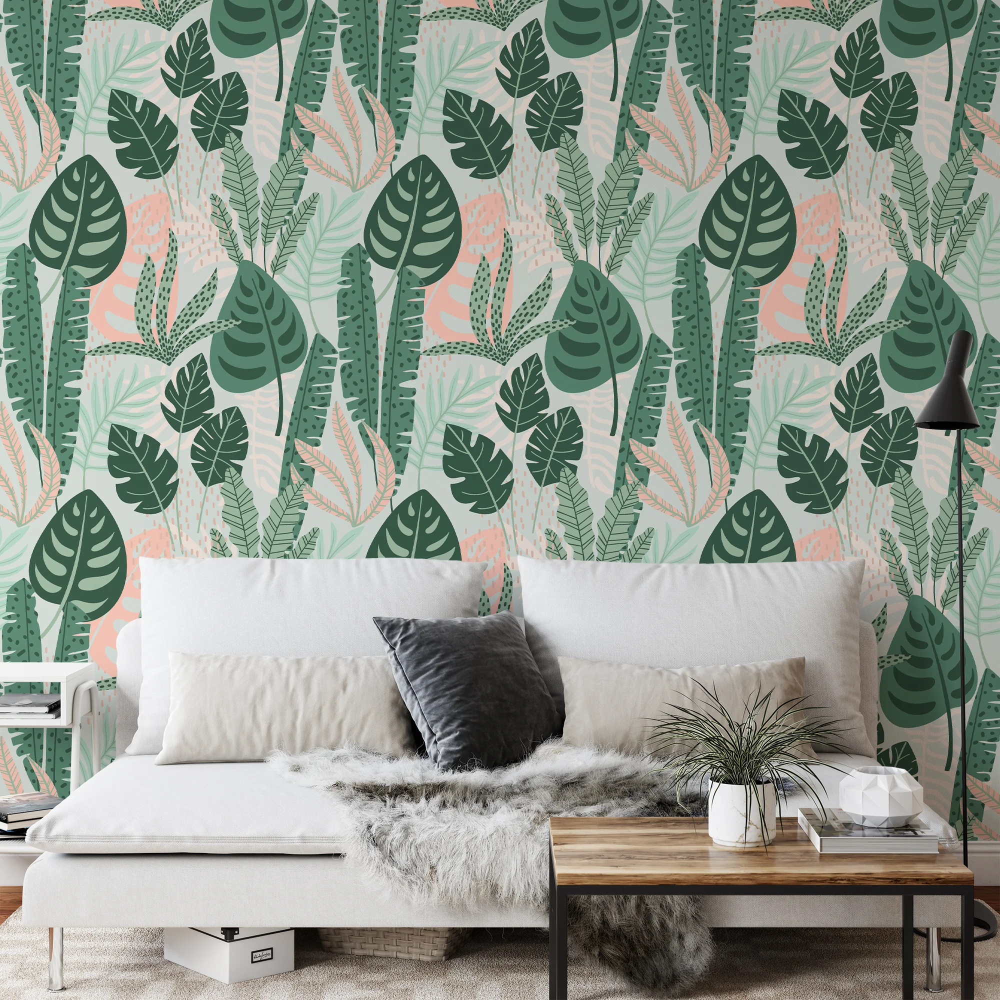 Monstera Leaves Green Abstract Flat Art Illustration Wallpaper, Serene Tropical Foliage Peel & Stick Wall Mural
