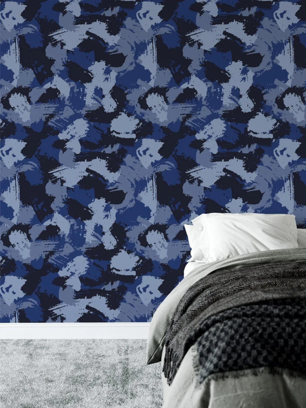 Blue Shades Camouflage Brush Strokes Illustration Wallpaper, Abstract Navy Blue Peel & Stick Wall Mural