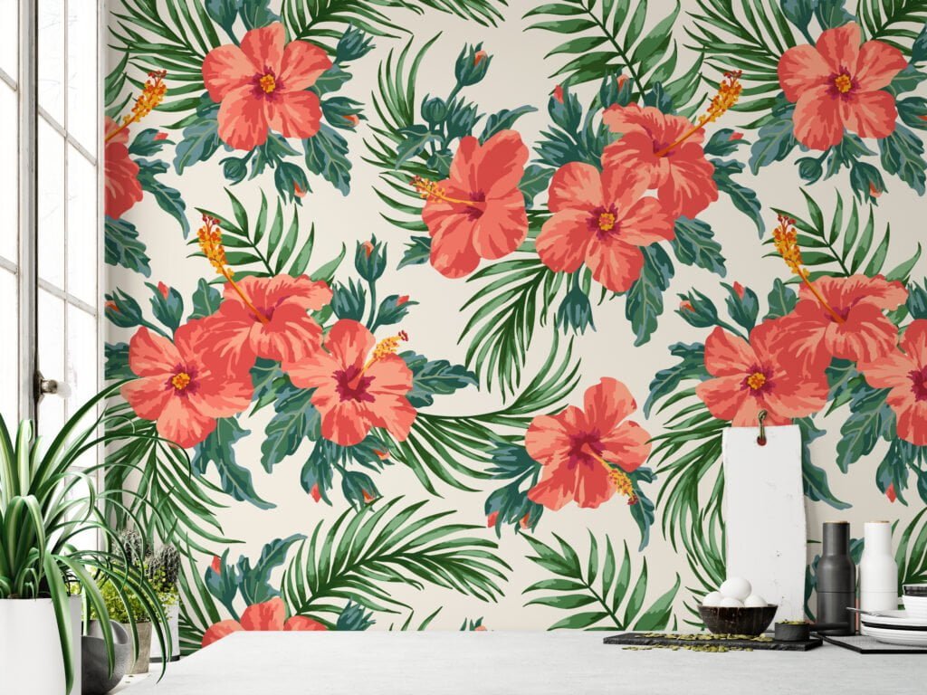 Peach Pink Flowers With Leaves Wallpaper Design, Lush Tropics Peel & Stick Wall Mural