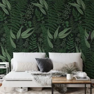 Dark Green Natural Leaves On A Black Background Wallpaper, Mystic Forest Leaves Peel & Stick Wall Mural