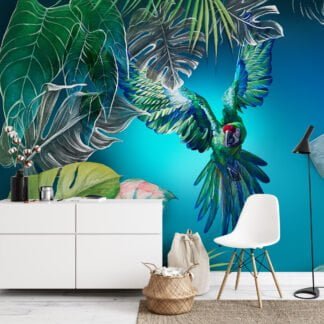 Large Parrot and Monstera Leaves With Blue Background Wallpaper, Vibrant & Tropical Peel & Stick Wall Mural