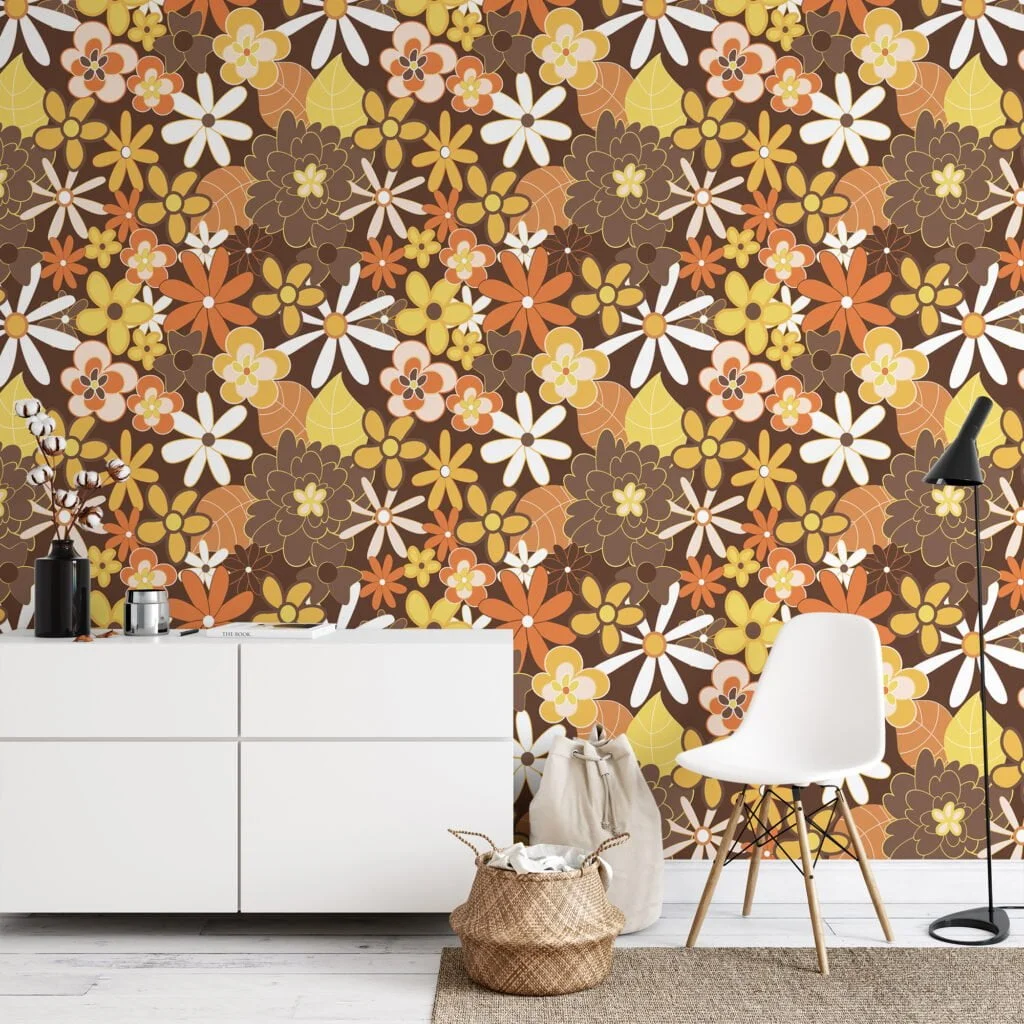 70's Style Large Yellow And Orange Flowers Illustration Wallpaper, Retro Autumn Floral Peel & Stick Wall Mural