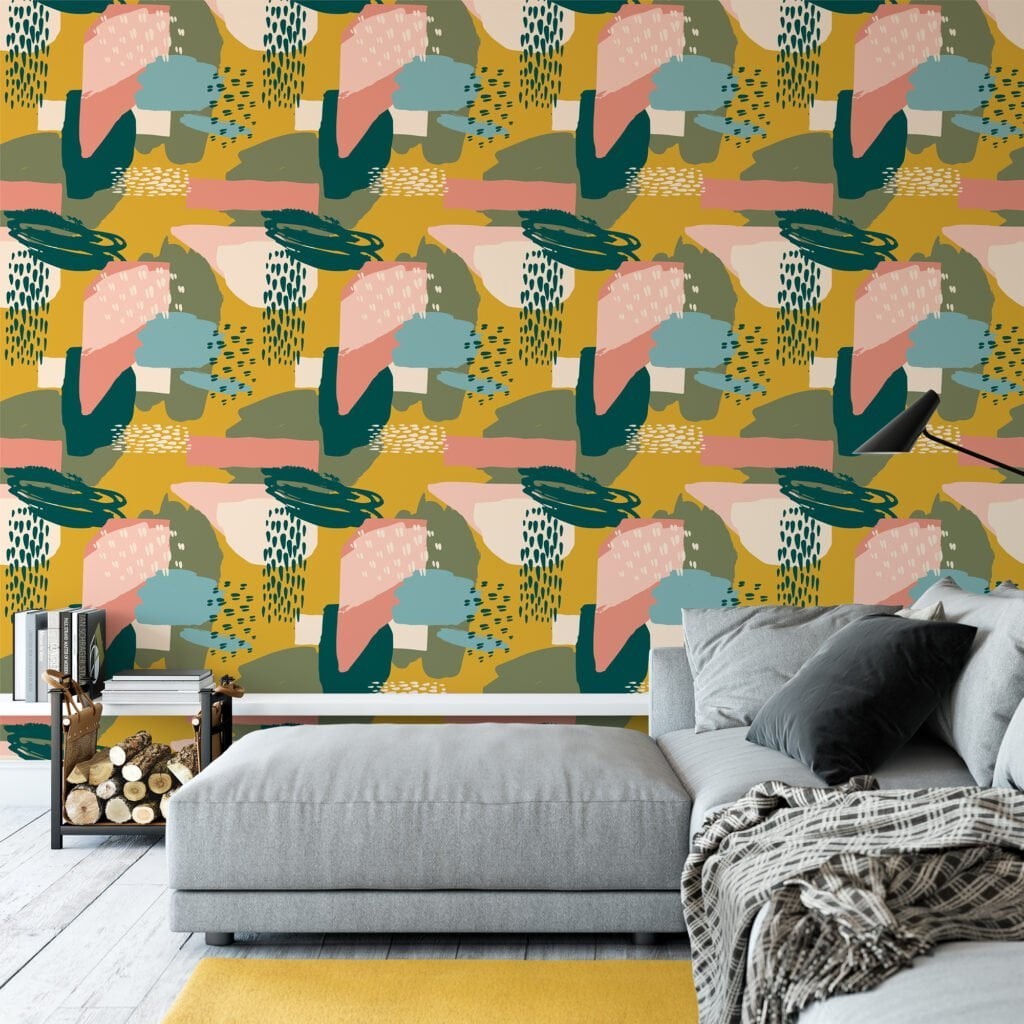 Abstract Flat Art Tropical Design Illustration Wallpaper, Trendy Geometric Shapes Peel & Stick Wall Mural
