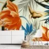 Large Tropical Orange Flowers With Blue Leaves Wallpaper, Vibrant Botanical Elegant Peel & Stick Wall Mural