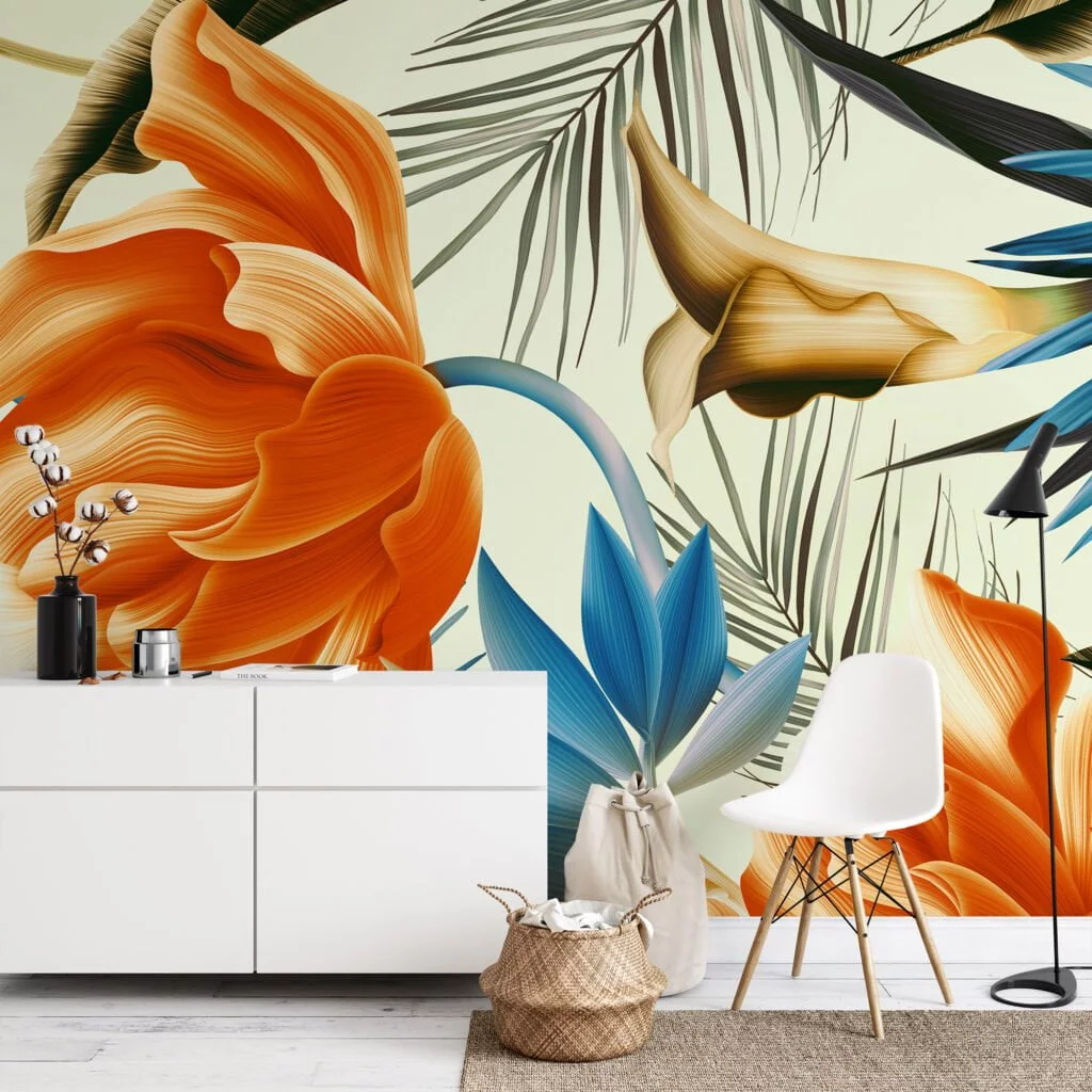 Large Tropical Orange Flowers With Blue Leaves Wallpaper, Vibrant Botanical Elegant Peel & Stick Wall Mural