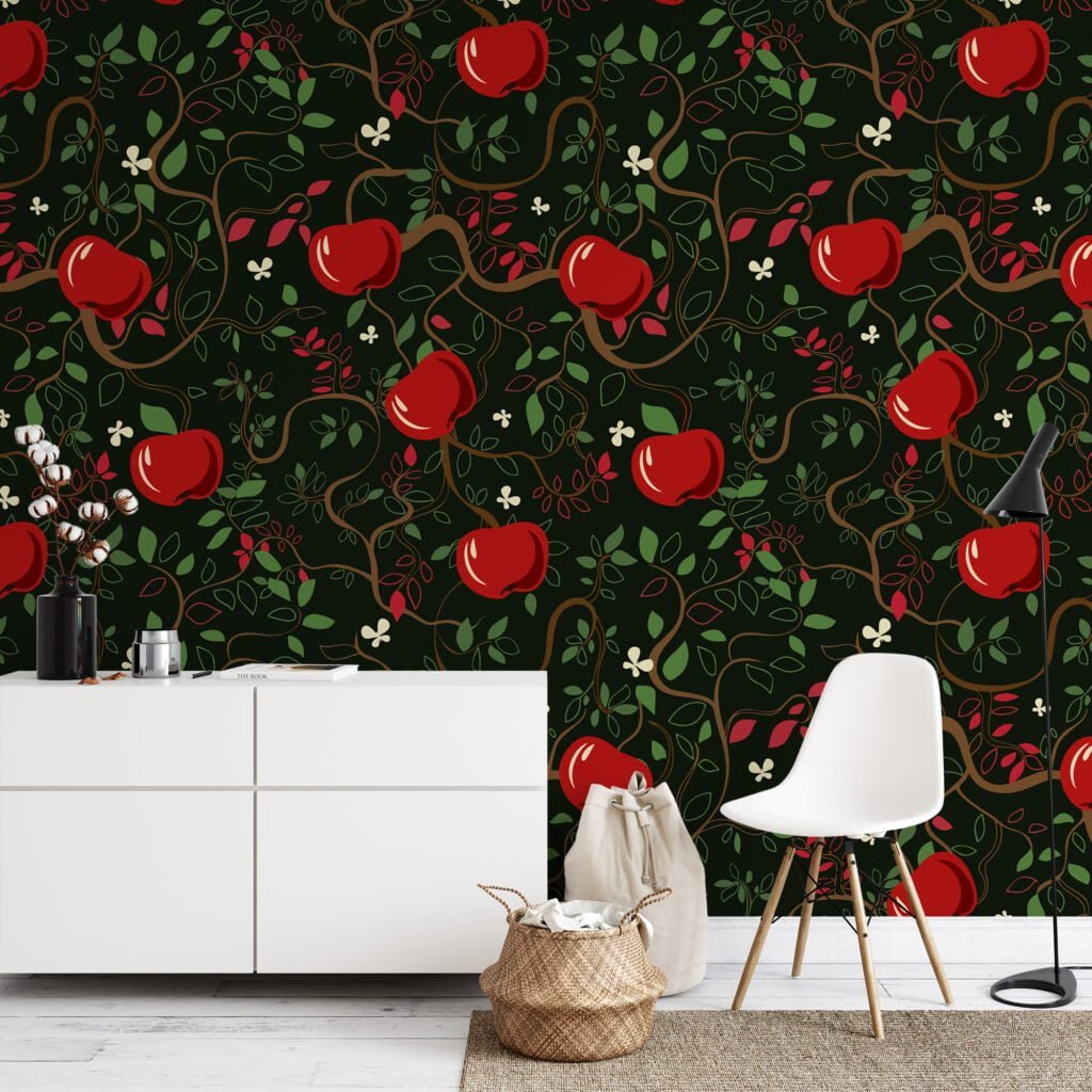 Abstract Apples On A Tree With A Dark Background Wallpaper, Enchanted Apple Orchard Peel & Stick Wall Mural